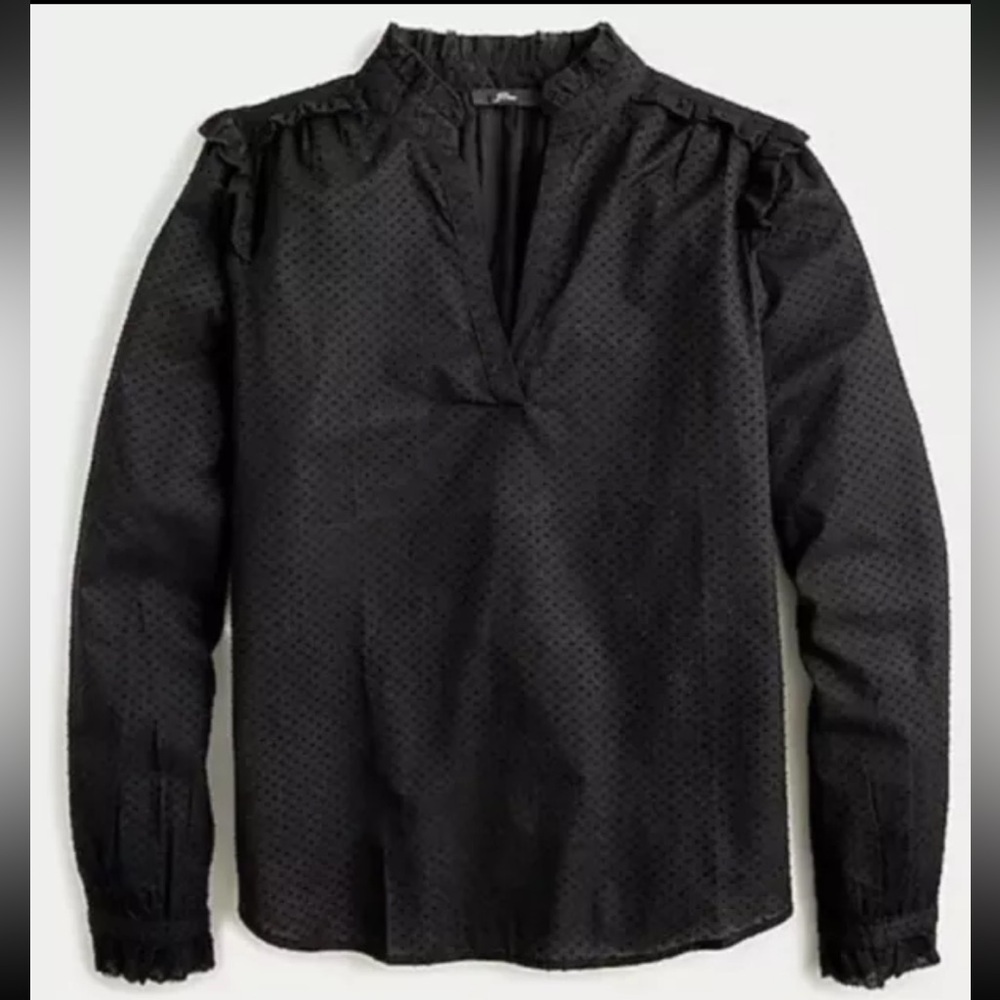 New with Tags J Crew Ruffle-trim V-neck popover in clip dot in Black
